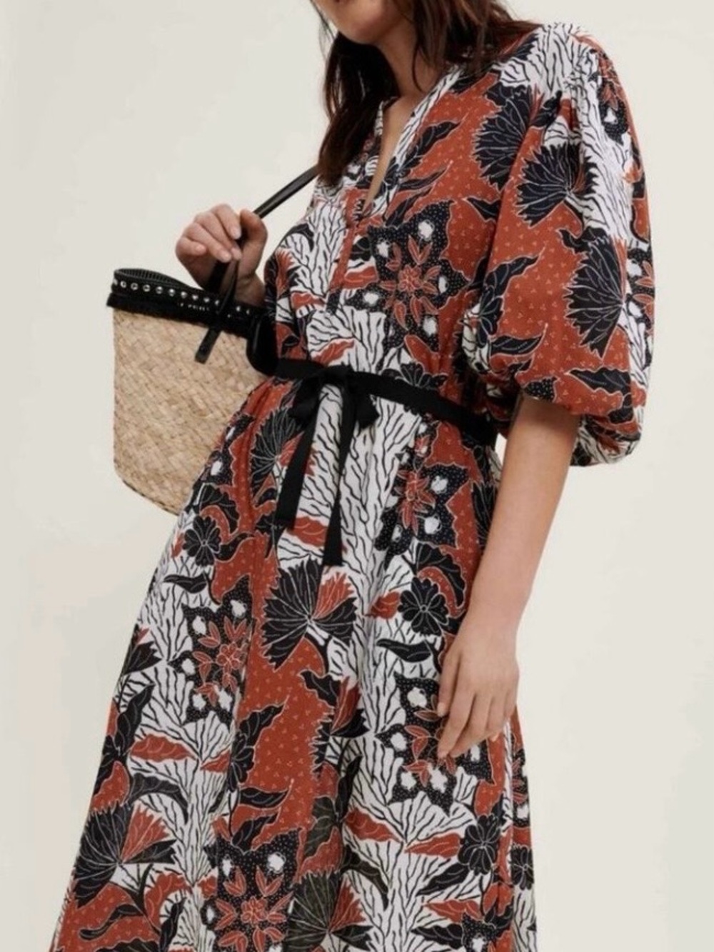 Maje Rust, Black & White Floral Midi Dress, with pockets no belt